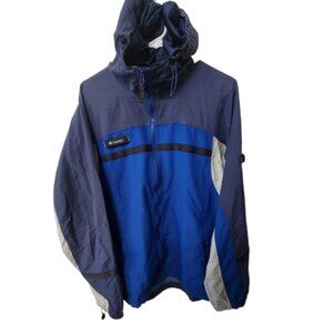 Columbia Men’s Medium Hooded Windbreaker Jacket Navy Gray Packable Nylon
